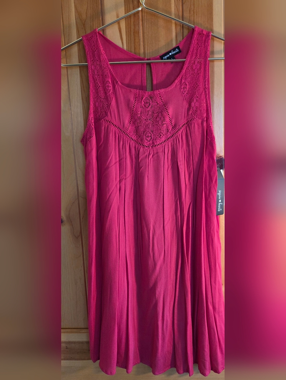 Macys Sequin Hearts Sleeveless Crochet Yoke Flowy Dress Raspberry Red Large NWT